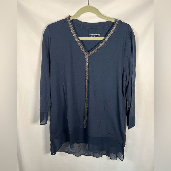 Soft Surroundings Womens XL Beaded V Neck 3/4 Mesh Sleeves Hem Dressy Navy Blue - Picture 1 of 8